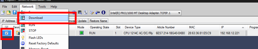 Screenshot of selecting download under the network tab in the SIMATIC Automation Tool.