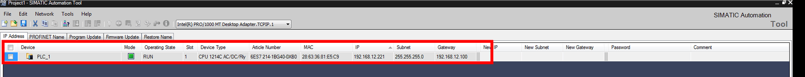 Screenshot of correctly configured PLC and SIMATIC Automation Tool