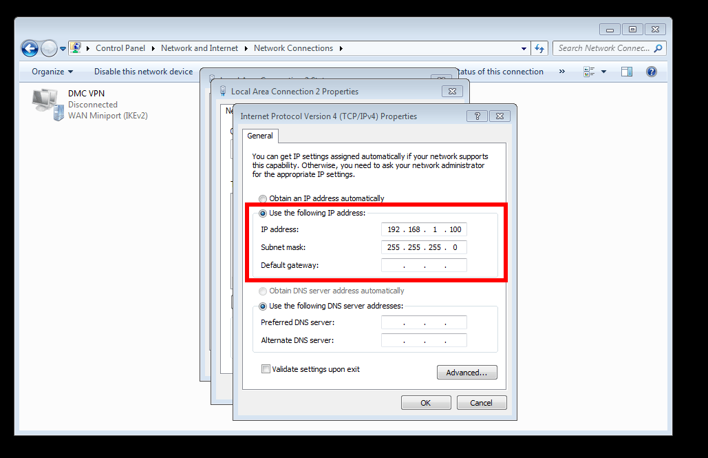 Screenshot of IP Address and Subnet Mask field in internet protocol properties