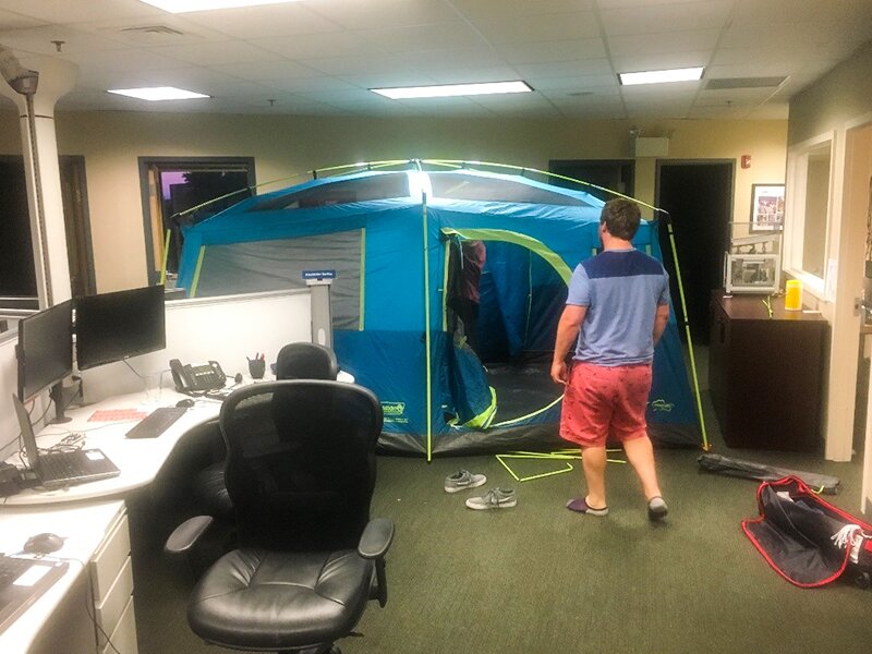 Photo of DMC Boston's tent set up in the office.