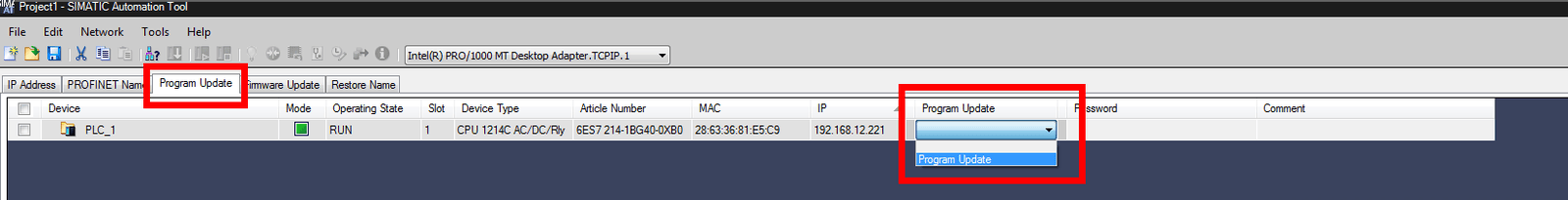 Screenshot of selecting program update in SIMATIC Automation Tool