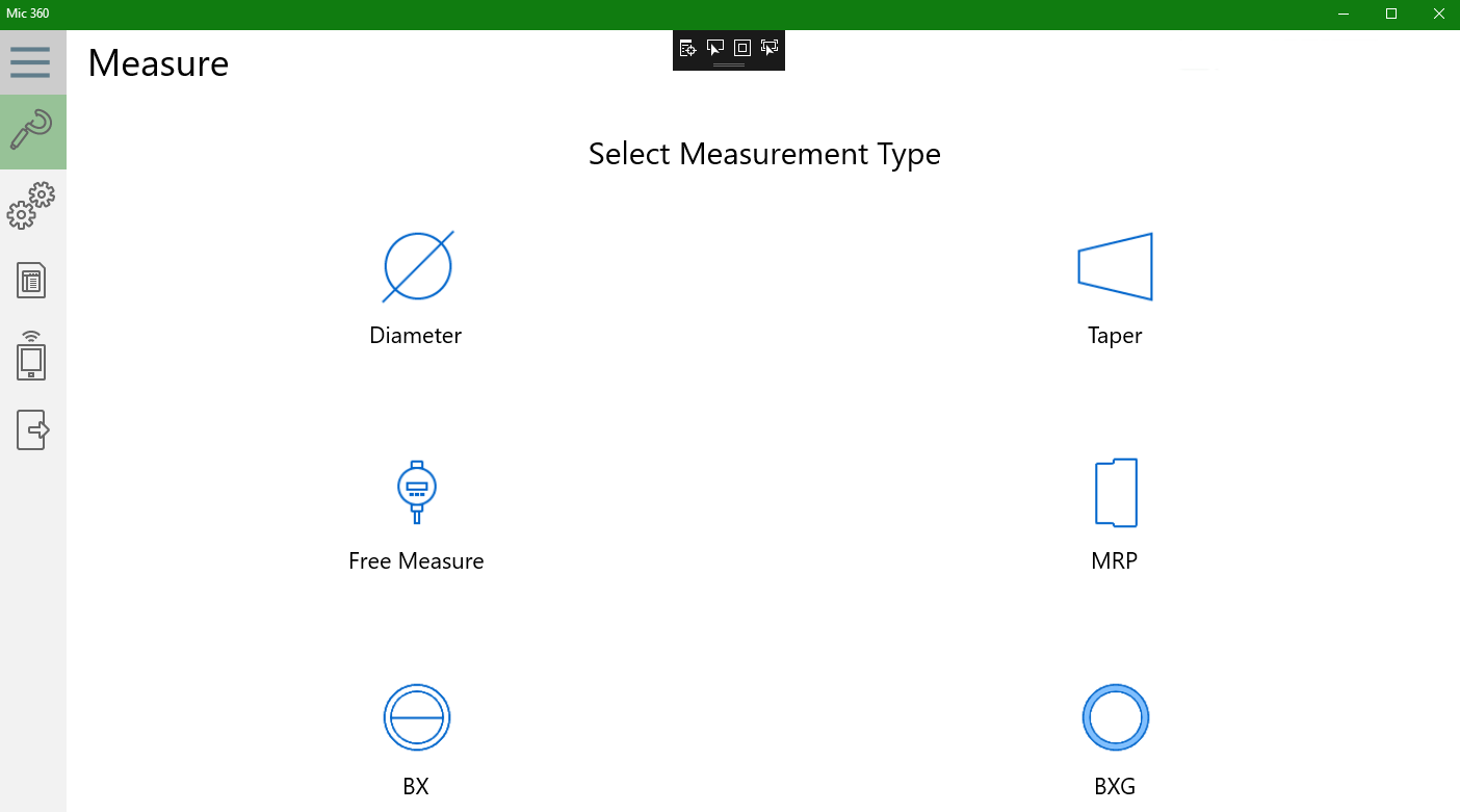 Screen to select a measurement type