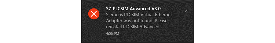 Screenshot: Siemens PLCSIM Virtual ethernet Adapter was not found.