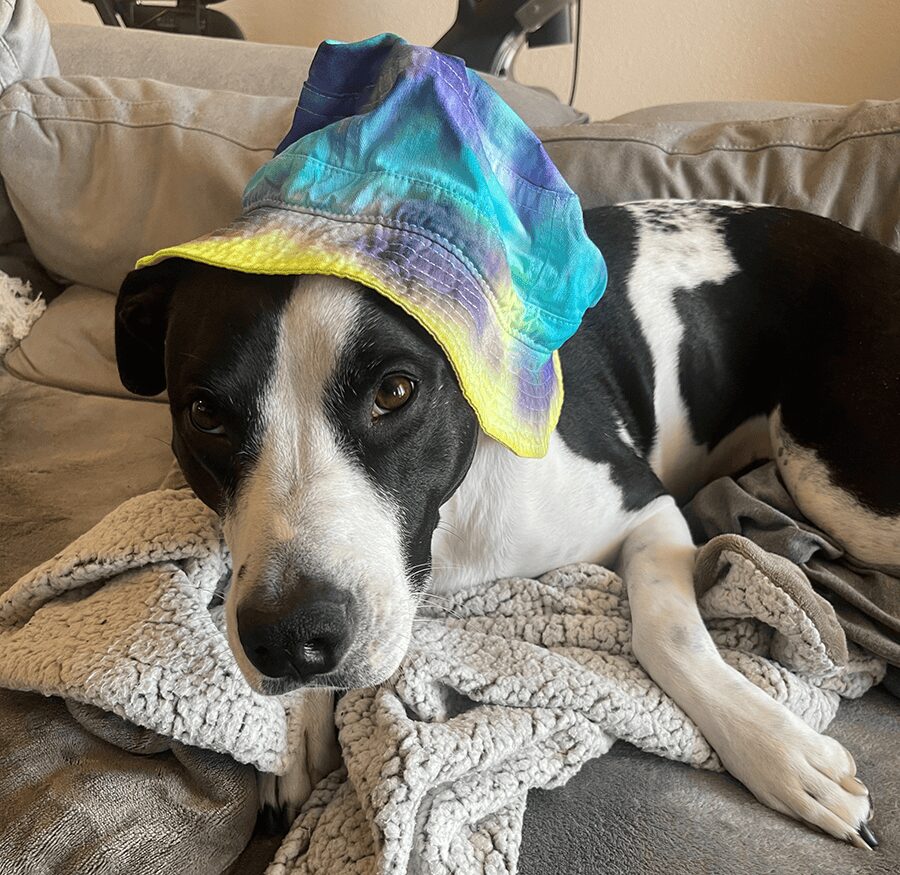 Nola in tie-dyed hat